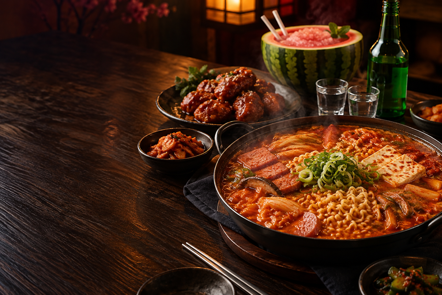 Illustrative Korean sharing table with a hot pot, fried chicken and soju. AI-generated concept image, not restaurant photography.